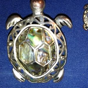 Nautical Silver-tone Abalone Shell Sea Turtle with Matching Earrings --no Chain